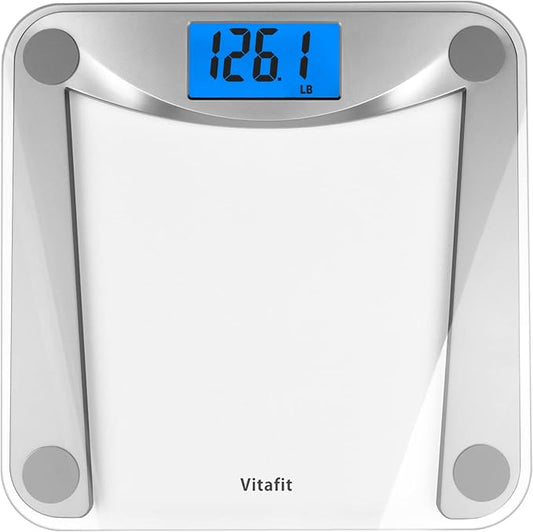Vitafit Digital Bathroom Weight Scale for Body Weight, High Accuracy Assured by Weighing Professional Since 2001,Extra Large Blue Backlit LCD and Step-On, 400lb/180kg, Clear Glass