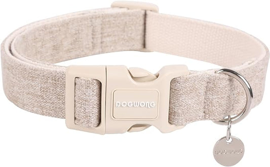 DOGWONG Cotton Hemp Dog Collar, Heavy-Duty Khaki Dog Collar Adjustable Soft Natural Fabric Pet Cute Wedding Puppy Necklace for Small Dogs"