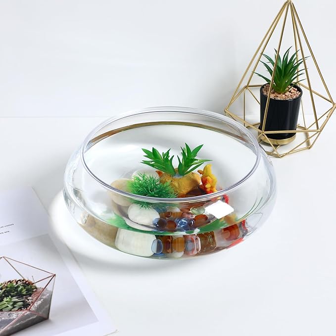 POPETPOP Clear Fish Bowl Vase - Round Plastic Shallow Planter, Hydroponic Planter Daffodil Pot, Lotus Bowl Planter, Fish Tank Aquarium Bowl