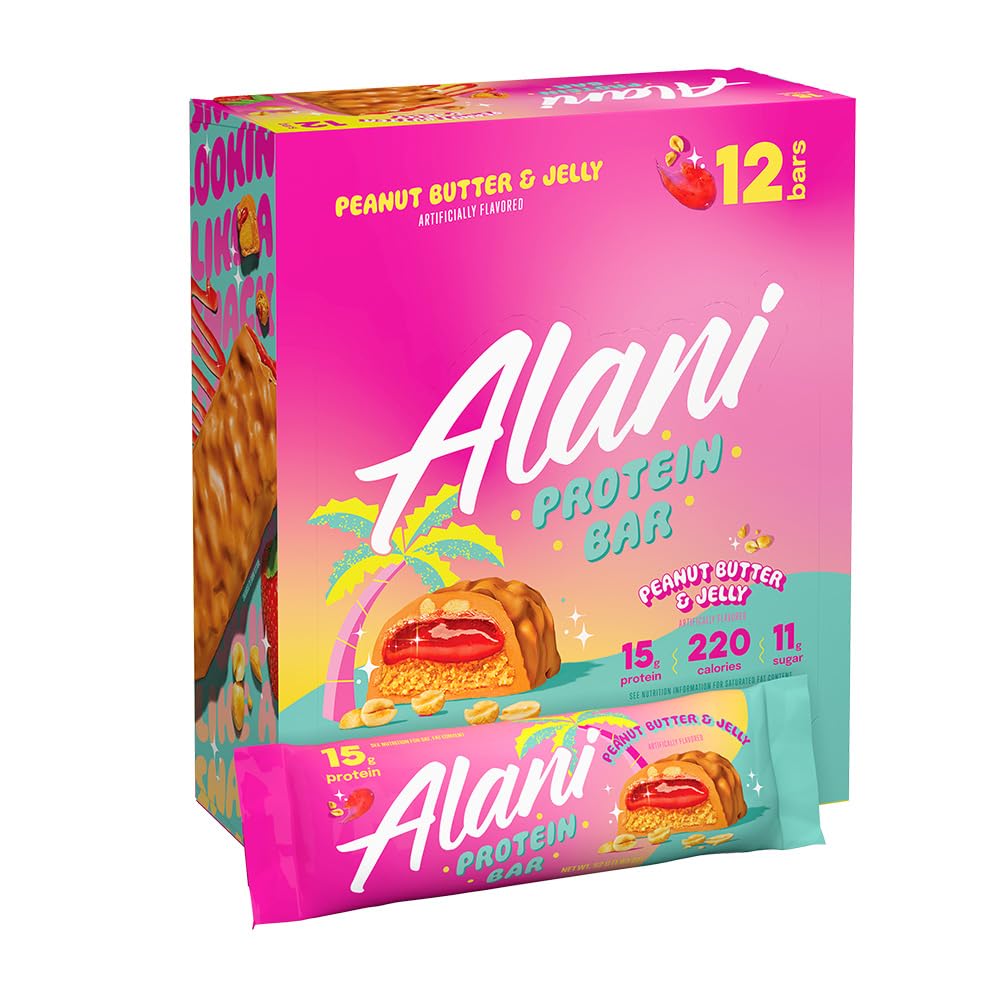 Alani Nu Protein Bars PEANUT BUTTER & JELLY | High Protein Gluten-Free Bars | 16g Protein | Low-Sugar (11G) Low-Carb Healthy Snacks | 12 Individually Wrapped Bars