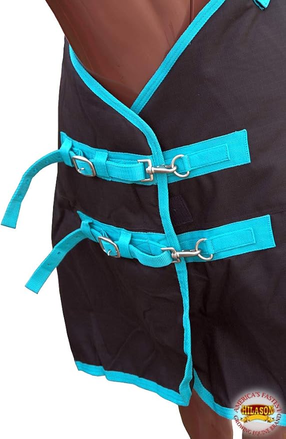 HILASON Black with Turquoise Trims 69 inch 1200D Winter Waterproof Poly Horse Turnout Blanket Belly Wrap