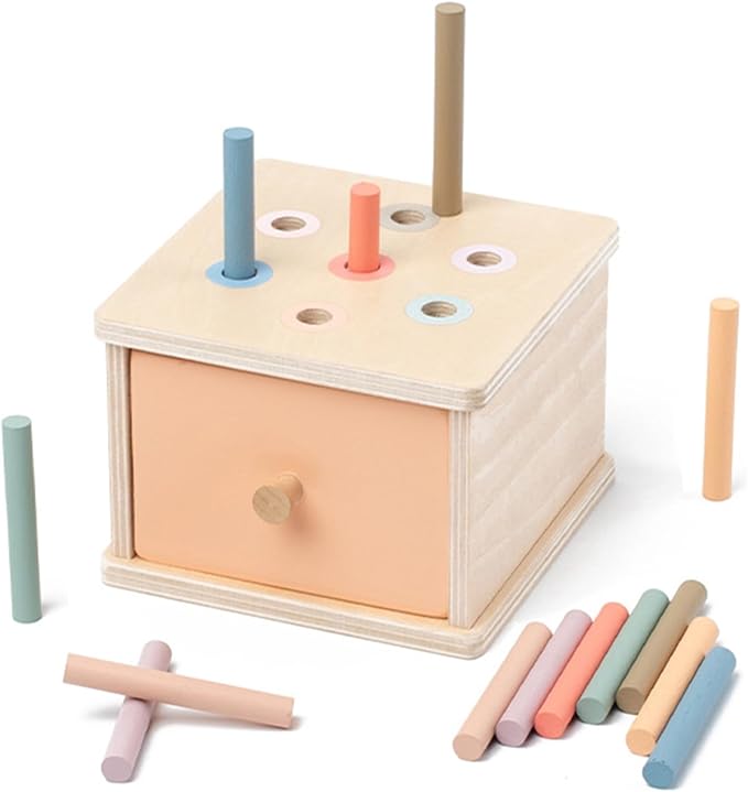 Montessori Toys for 2 3 4 5 Year Old - Wooden Object Permanence Box with Drawer Sensory Toys Shape Sorter Color Sorting Education for Baby Toddler Boy Girl Drop Busy Box (A-pegs)