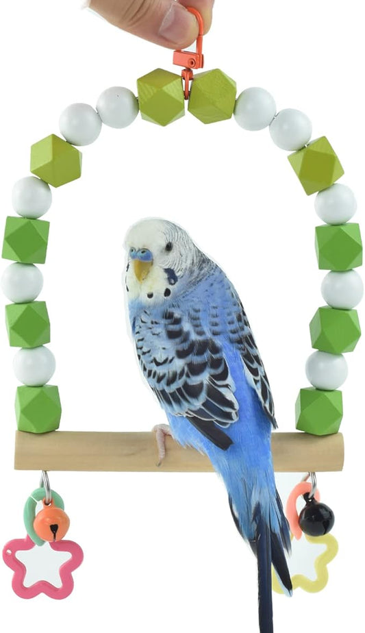 Wooden Bird Swing Perch for Parakeet, Small Birds Hanging Cage Stands Cockatiels Parrot Colorful Beads Bell Trainning Toy Playground Gym Accessories for Lovebirds Conures Budgies