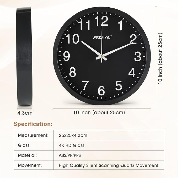 WISKALON 10 inch Wall Clock, Silent Non-Ticking Elegant Black Frame Wall Clock