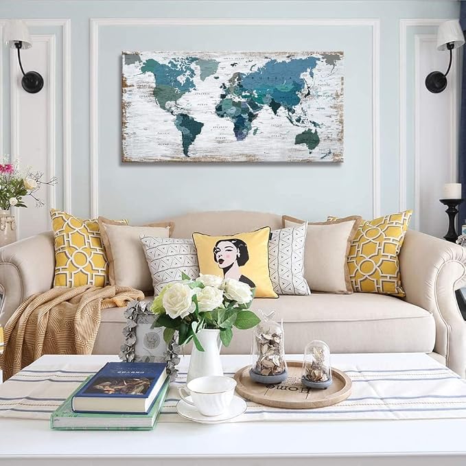 lagre Teal Decor 36inchx71inch World Map Canvas Wall Art Pictures