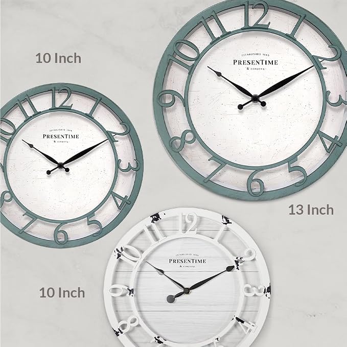 Presentime & Co 13" Farmhouse Series Wall Clock, Shiplap Style, Silent No