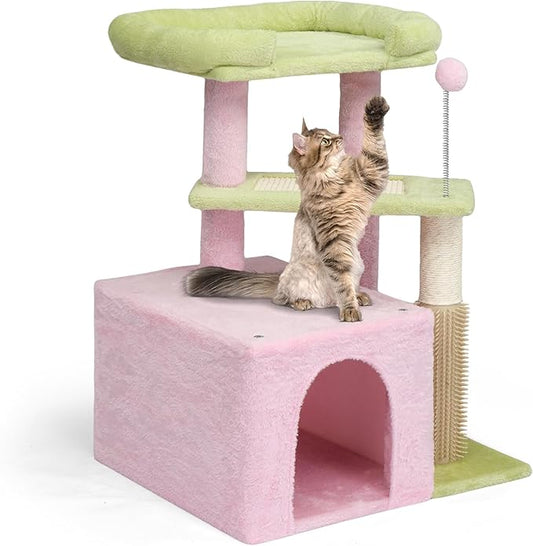 VINGLI Cat Tree, 27 inch Small Cat Tower with Scratching Post and Pad, Cat Condo for Indoor Kittens Padded Top Bed, Cats Indoor Activity Center (Pink & Green)