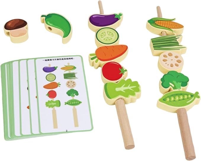 Children Cognitive Game Educational Toy Fruit Skewer Threading Game Stacking Blocks Lacing Beads Wooden Material for Early Learning Fine Motor Skills, Vegetable Skewers