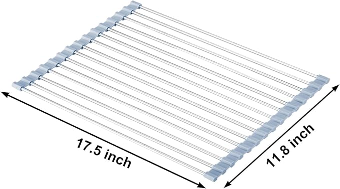 MECHEER Over The Sink Dish Drying Rack, Roll Up Dish Drying Rack Kitchen Dish Rack Stainless Steel Sink Drying Rack, Foldable Dish Drainer, 17.5''x11.8''