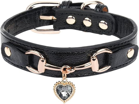 THAIN Fashion Dog Collar with Bling Diamonds & Heart Charm – 5 Holes Adjustable PU Leather Rhinestones Necklace Collar, Gold Buckle for Small Dogs Girl boy (Black, XS)