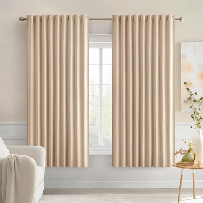MIULEE Beige Back Tab Blackout Curtains 54 Inches Long 2 Panels Set