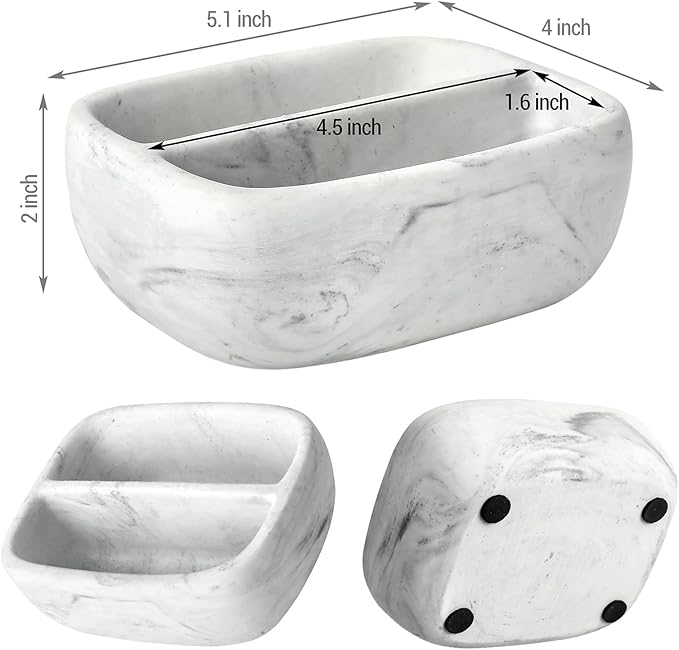 MyGift Modern White Resin Sponge Holder for Kitchen Sink, Countertop Dish Sponge Holder with 2 Compartments and Marble Pattern