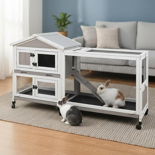 60” Large Rabbit Hutch Outdoor with 6 Wheels, Wooden Expandable 2 Story Indoor Rabbit Cage Bunny House with Run, Waterproof Roof, 3 Pull Out Trays, Guinea Pig Cage for Small to Medium Pets