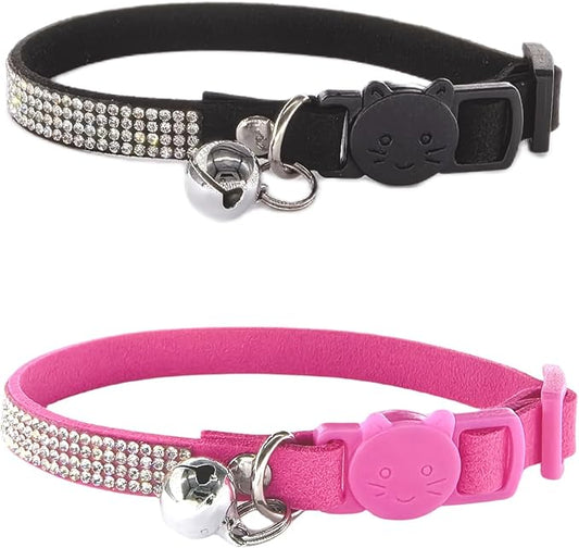 Pack of 2 Rhinestone Cat Collar Breakaway with Bell Safety Buckle, Adjustable Diamond Girl Boy Kitty Cute Comfy Collar for Kitten Tiny Little Pets Rabbits, 6"-9" Extra Small