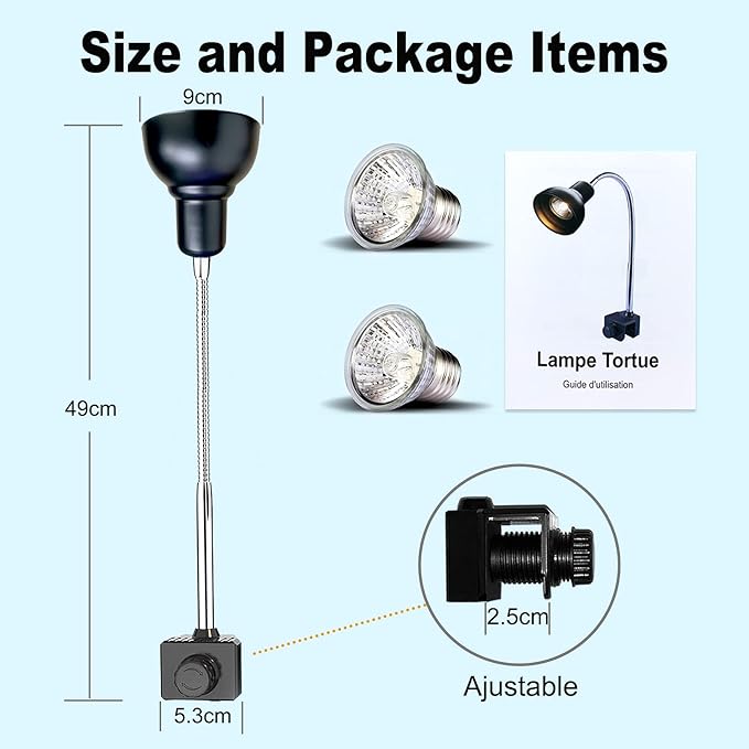 Reptile Heat Lamp, Lamp for Aquarium Turtle Tank with 25w+50w Basking Spot Light Bulbs and 360° Swivel Clamp for Turtle, Snake, Lizard, Cockatoo, Chameleon Etc, Yellow