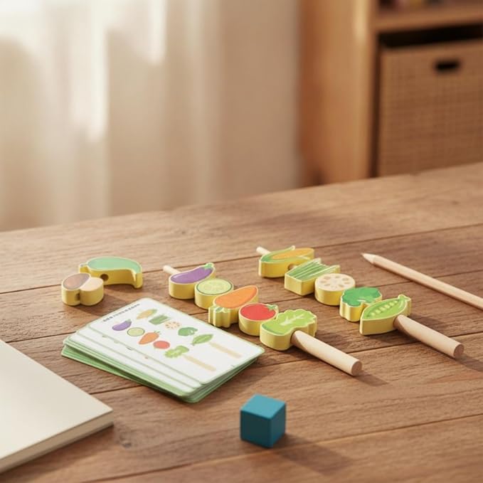 Children Cognitive Game Fruit Lacing Beads Threading Toy Stacking Blocks Matching Cards Wooden Educational Set for Counting Practice and Shape Sorting, Seafood Skewers
