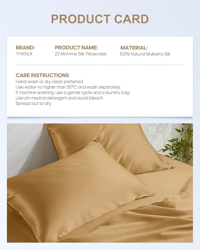 THXSILK 100% Pure Mulberry Silk Pillowcase for Hair and Skin, 22 Momme Zipper Silk Pillow Case Standard Size, Real Silk Pillowcase with Zipper, Anti Aging Acne Free (Metallic Gold, King 20"x36")
