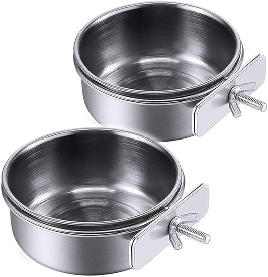 PINVNBY 2PCS Parrot Feeding Cups Birds Food Dish Stainless Steel Parrot Feeders Water Cage Bowls with Clamp Holder for Cockatiel Conure Parakeet Macaw Small Animal (Size: L)