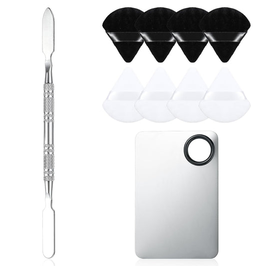 10-in-1 Makeup Spatula and Powder Puff Set with Professional Cosmetic Palette Triangle Puff for Eye Shadow Spatula Facial Cosmetic Makeup Tool for Eyelashe Body