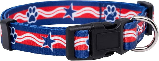 Native Pup American Flag Dog Collar- Red White and Blue- Patriotic Collars for 4th of July, USA- Adjustable Small, Medium, Large Breed Dogs (Small, Paws)