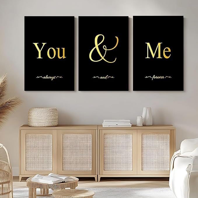 GUBIYU Black and Gold Bedroom Art Love Wall Decor You and Me Word Canvas Poster
