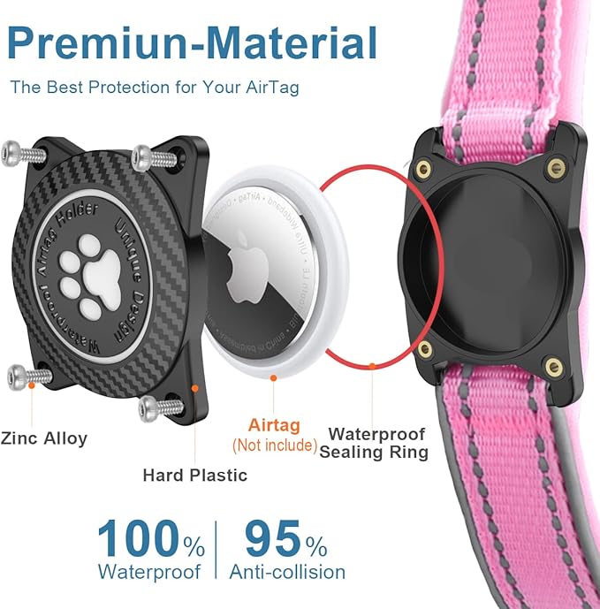 Airtag Dog Collar with Waterproof Air Tag Holder, Luminous Reflective, Soft Padded, Adjustable Nylon Pet Collar for Small Medium Large Heavy Duty Dogs,Pink, M