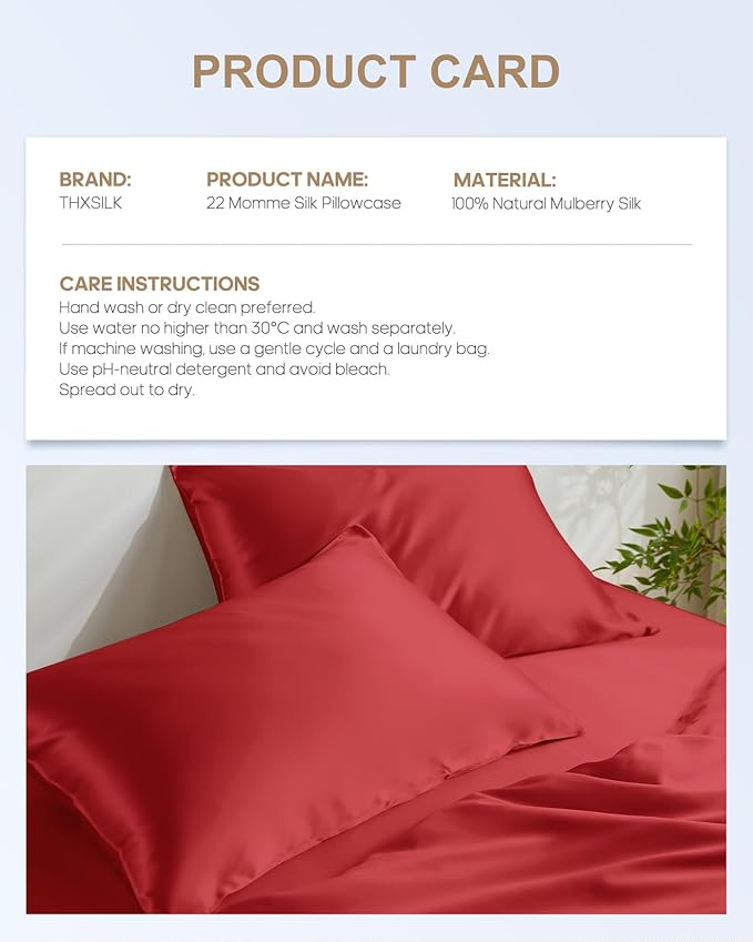 THXSILK 100% Mulberry Silk Pillowcase for Hair and Skin, Both Sides Grade 6A+ 22 Momme Pure Mulberry Silk Pillow Case with Hidden Zipper, Soft and Smooth Red Pillowcase(1pc, Queen Size 20"x30")