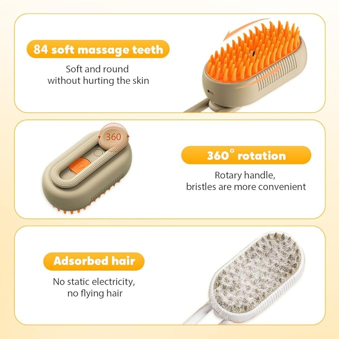 3-In-1 Rechargeable Steamy Cat Brush, Deep Cleaning & Hair Removal System with Rotating Handle, 360° Massage for Cats & Dogs (White)
