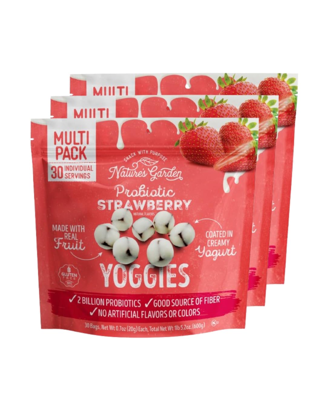 Nature's Garden Probiotic Strawberry Yoggies 21oz (30 x 0.7oz) Pack of 2 - Strawberry Yogurt-Covered Fruit Bites, High Fiber, Real Fruit Pieces, No Artificial Flavor, On-the-Go Snack for Adults