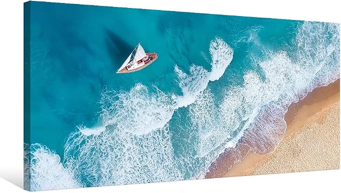 Goldfoilart Blue Ocean Sea Beach Canvas Wall Art Sailboat Painting Print on