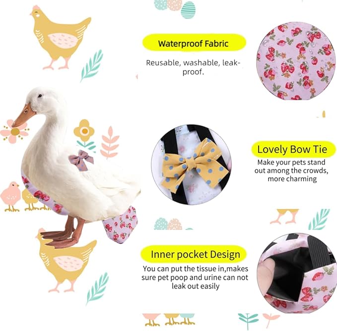 MANON ROSA Chicken Diapers Bantam Hens - Reusable 3-Piece Set with Bow Ties Poultry Nappies Washable Waterproof for Geese Pet Ducks Silkie (Floral S)