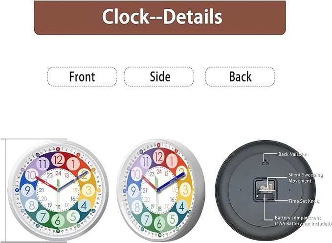 XFM Learning Clock for Kids 12 Inch Colorful Teaching Time Wall Clocks Battery