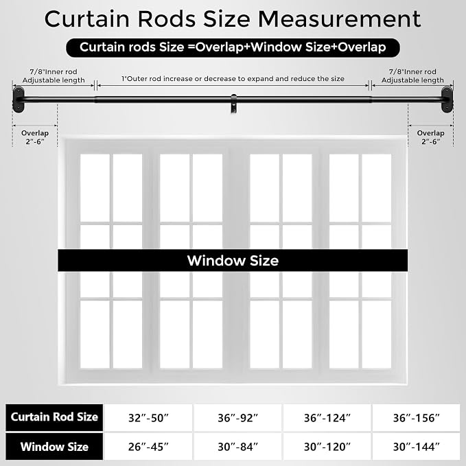Curtain Rods 36-120 Inch, 1 Inch Adjustable Long Heavy Duty Room Darkening