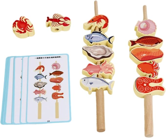 Children Cognitive Game Fruit Lacing Beads Threading Toy Stacking Blocks Matching Cards Wooden Educational Set for Counting Practice and Shape Sorting, Seafood Skewers