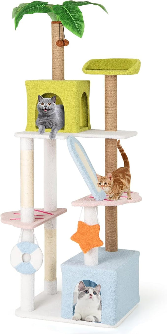 Tangkula 71 Inch Tall Cat Tree, Multi-Level Aesthetic Beach-Themed Cat Tower with Sisal & Jute Scratching Posts, 2 Cat Condos, Perch, Artificial Plant, Hanging Toys, Indoor Cat Activity Center