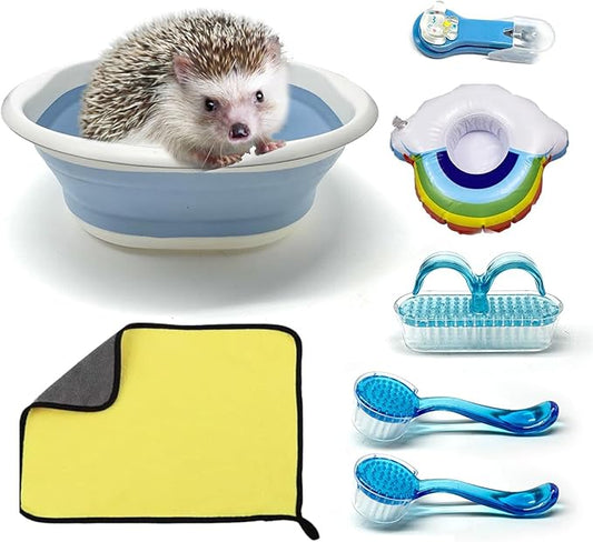 7 Pcs Hedgehog Bath Supplies Kit, Small Animal Bath Supplies Include Bathtub, Nail Clippers, Cleaning Brushes, Towel, Swim Ring for Pet Hamster Hedgehog Guinea Pig Rabbit Cat Kitten