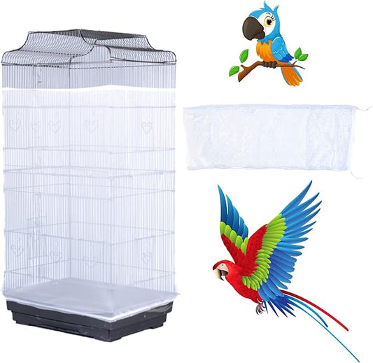 Bird Cage Seed Catcher, Large Airy Gauze Seeds Bird Cage Cover Guard Adjustable Bird Cage Cover Birdcage Seed Feather Catcher Universal Birdcage Parrot Bird Nylon Mesh Net Cover(L-118x16 in, White)
