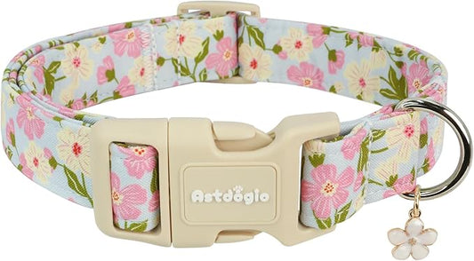 Dog Collar for Small Medium Large Dogs, Spring Blue Dog Collars with Pink & White Flowers, Adjustable Cotton Dog Collars, Cute Girl or Boy Dog Collar Ideal for Gifts,Pet Accessory,S