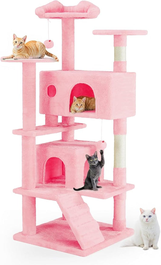 Cat Tree 54 Inch, Multi-Level Cat Tower with Condo, Perches, Sisal Scratching Posts and Climbing Ladder, Pet Play Toy Balls House for Indoor Cats, Pink