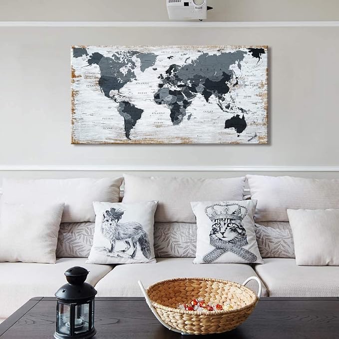 World Map Canvas Wall Art Decor Black Wall Decor Office World Map Wall Art