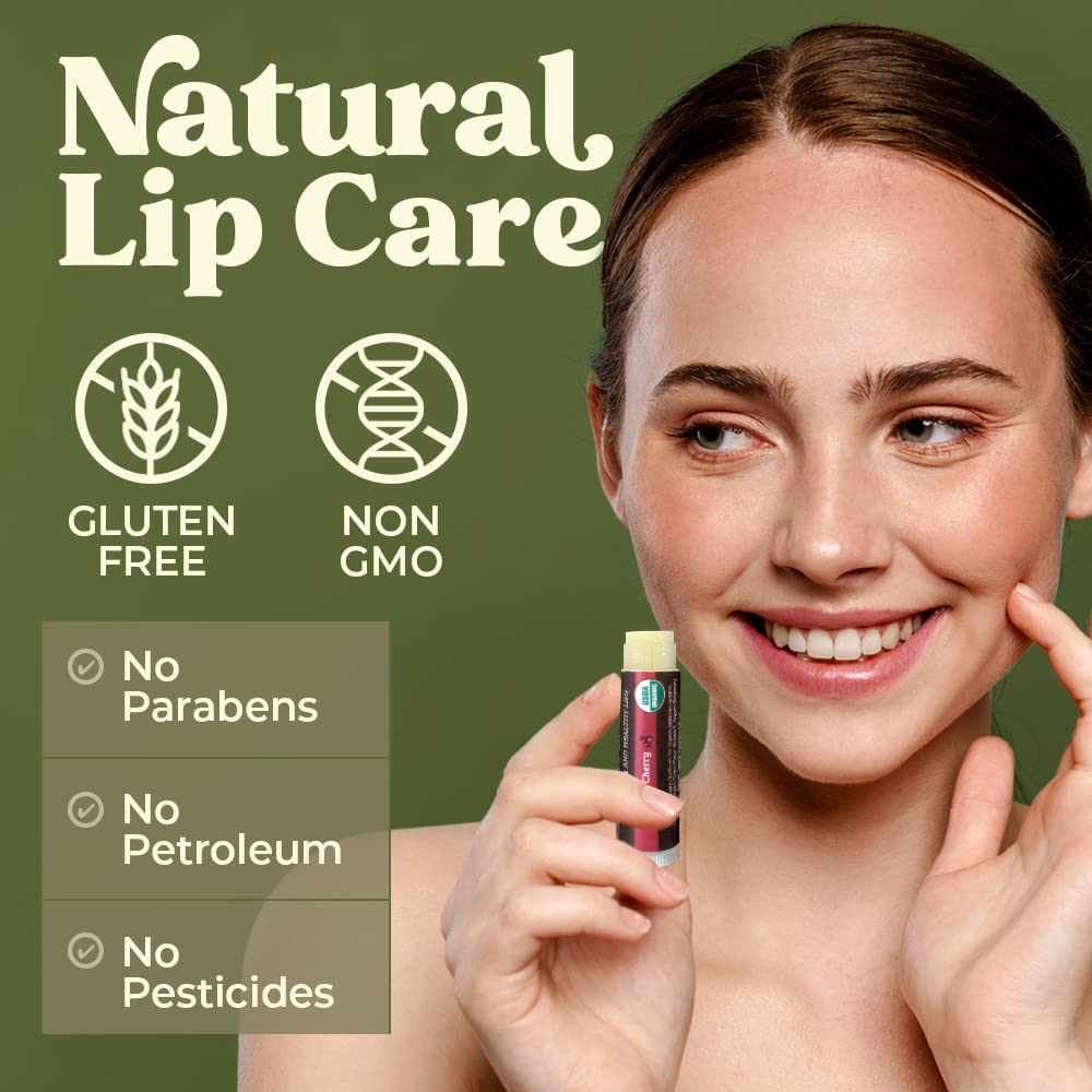 Earth's Daughter USDA Organic Lip Balm 4-Pack - Cherry Flavor - Beeswax, Coconut Oil, Vitamin E - Best Lip Repair Chapstick for Dry Cracked Lips.