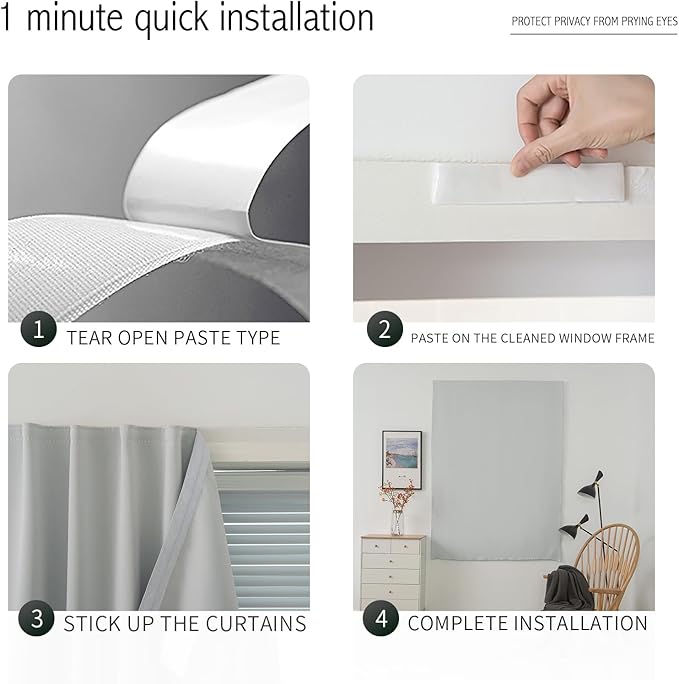 self Adhesive Curtains Portable Blackout Curtain Simple and Easy to Install Bedroom Window Thermal Lnsulated Kitchen Room Darkening Black Small Drapes, 47" W X 71" L, White, 1 Panel