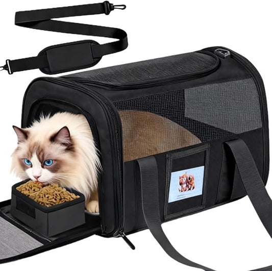 Soft Cat Carrier for Pets Up to 15 lbs, TSA Approved for Airline in-Cabin, Cat Travel Bag with Detachable Cat Food Bowl, Pet Carriers for Small Dogs, Waterproof Travel Puppy Carry, Black