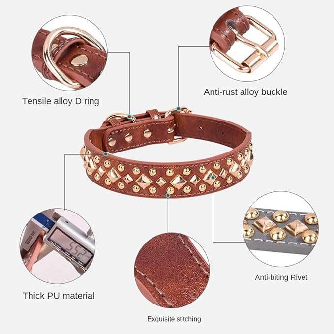 Spiked Dog Collar Soft Pu Leather Mushrooms Rivet Spike Studded Puppy Adjustable Pet Collars for Small Breeds (L, Brown3)