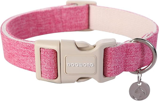 DOGWONG Cotton Hemp Dog Collar, Heavy-Duty Pink Dog Collar Adjustable Soft Natural Fabric Pet Dog Collar Cute Wedding Puppy Necklace for Small Medium Large Dogs