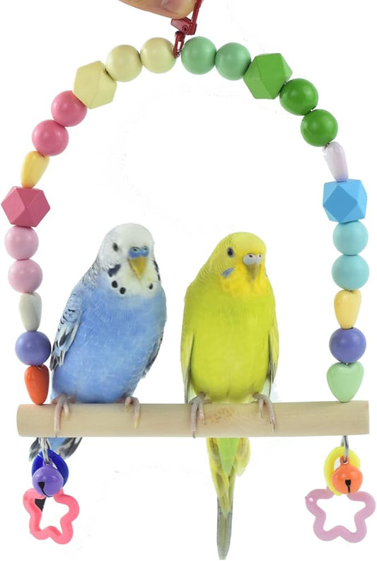 Wooden Bird Swing for Cockatiels Parrot Perch Hanging Toys Parakeets Birdcage Stands Cage Playground Play Gyms Accessories Colorful Bead Bell Climbing Toy for Lovebirds Conures Budgies