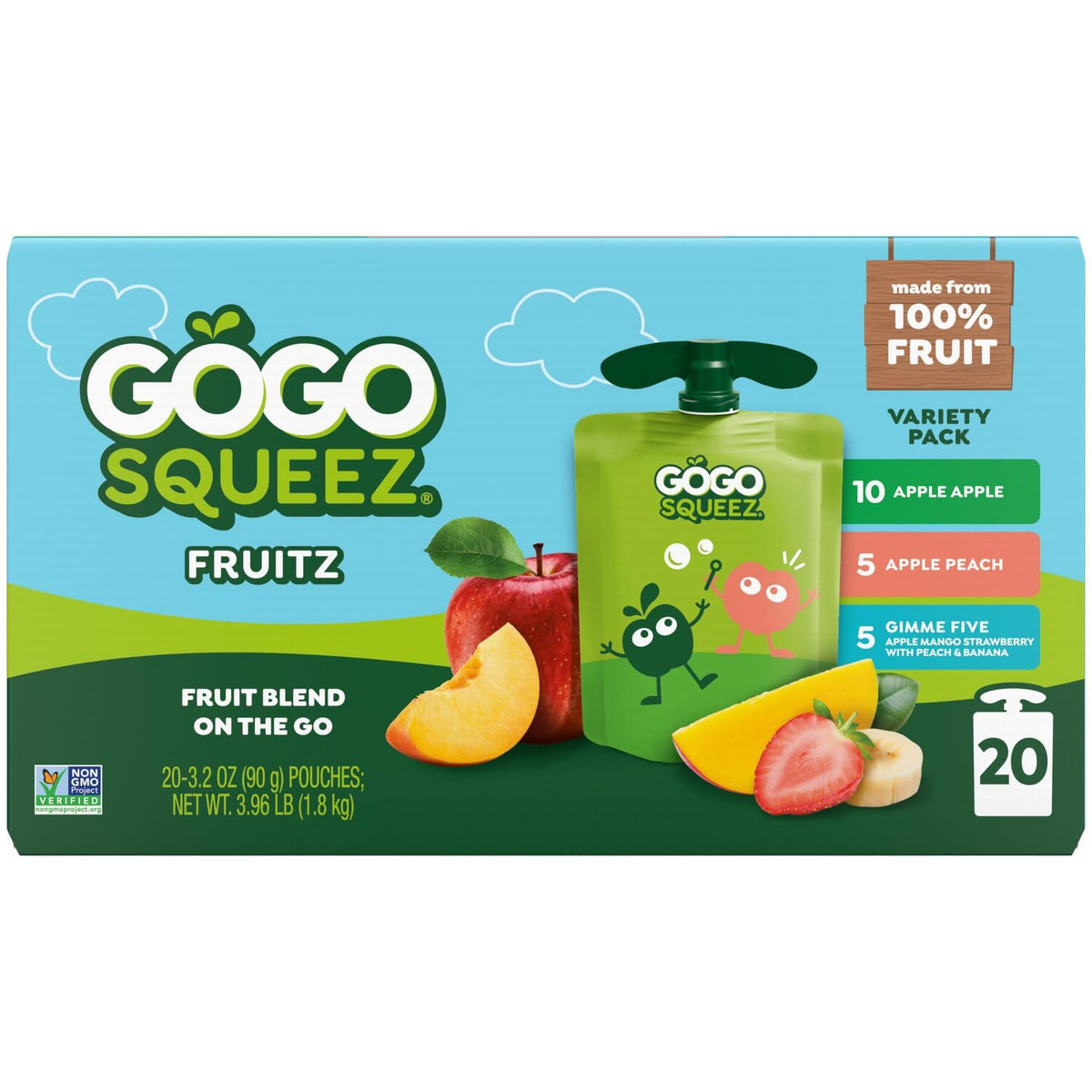 GoGo squeeZ Applesauce and Fruit Puree Variety Pack, Apple, Peach & Gimme Five!, 3.2 oz (Pack of 20), Unsweetened Fruit Snacks for Kids, Gluten Free, Nut Free, BPA Free Pouches (Packaging May Vary)