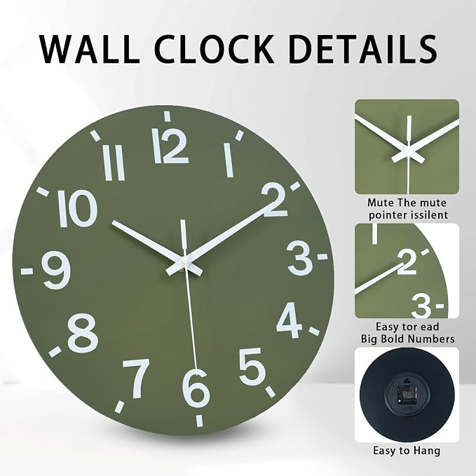HZDHCLH Wall Clock 10 Inch Silent Non Ticking Wood Battery Operated Green