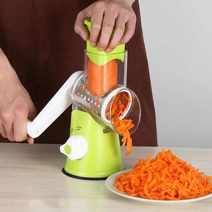 Ourokhome Rotary Cheese Grater Hand Crank, Kitchen Shredder Speed Mandolin Slicer Nut Grinder with Handle and Drum Blades for Cheese, Vegetable, Walnut, Chocolate, Potato, Carrot, 3 Blades, Green