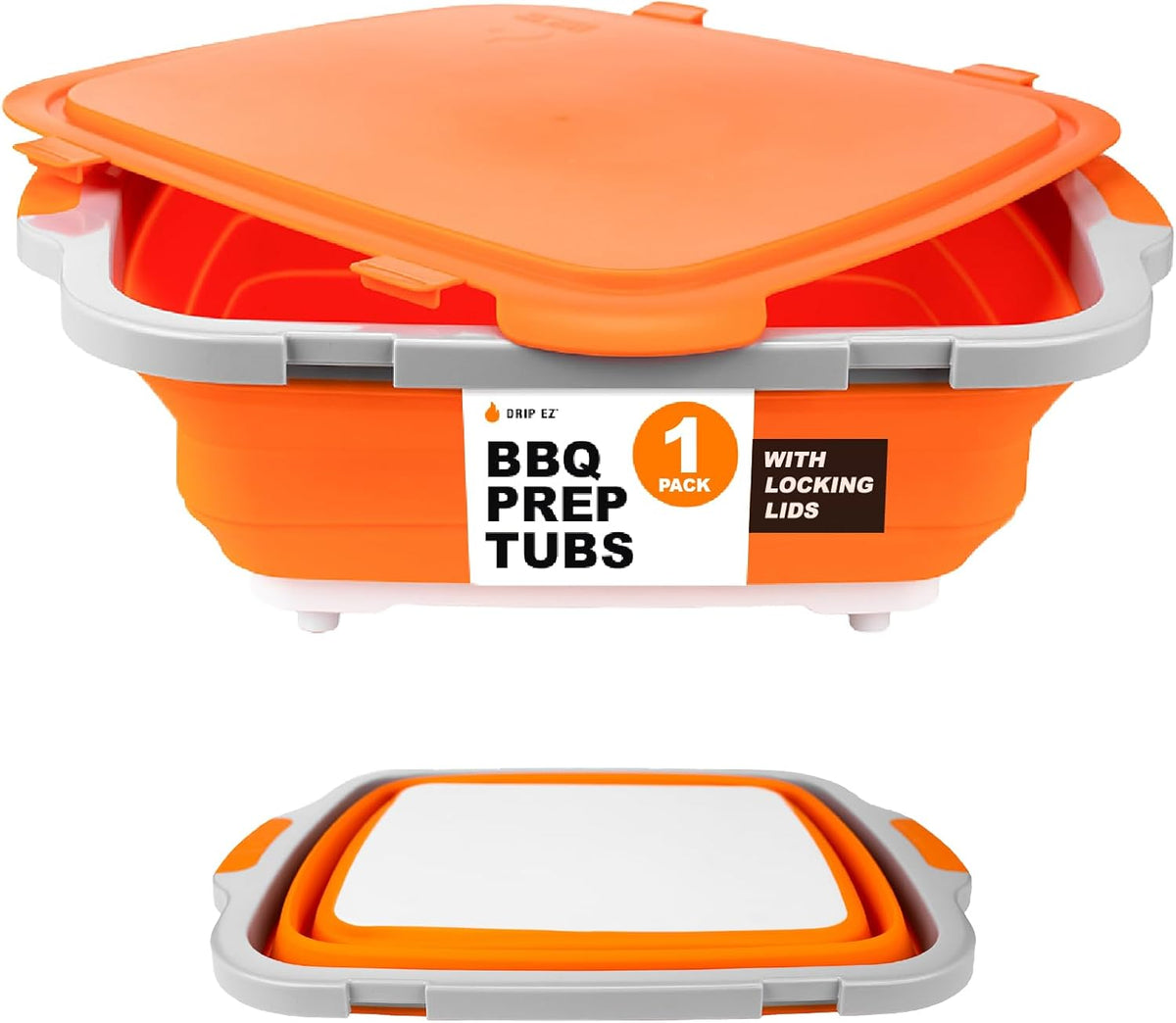 Drip EZ Collapsible BBQ Prep Tub - for Meal Prep Marinating Food Storage - Includes Cutting Board & Locking Lid - (1) XL - Black